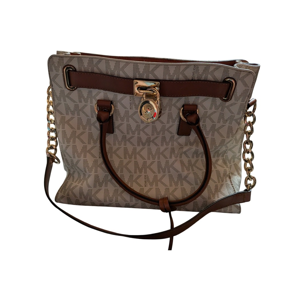 Michael Kors Hamilton Satchel Vanilla Acorn Signature Logo Leather Handbag Gold